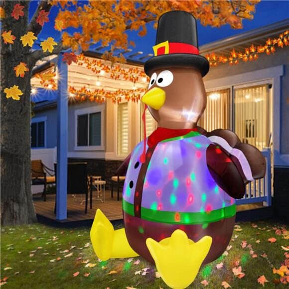 [ Colorful Rotating Lights ] 6 Ft Tall Thanksgiving Inflatable Turkey - Picture 4 of 7